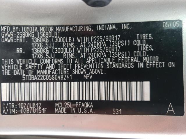 Photo 10 from auction – 2005 TOYOTA SIENNA XLE with VIN 5TDBA22C05S048241