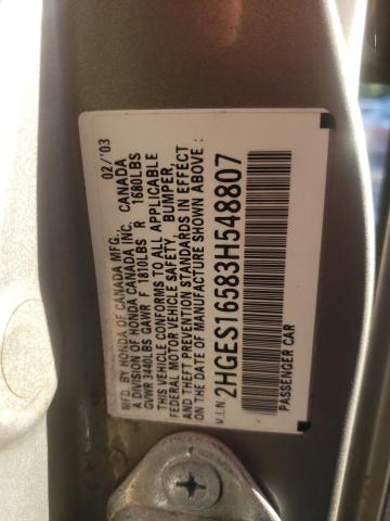 Photo 10 from auction – 2003 HONDA CIVIC LX with VIN 2HGES16583H548807