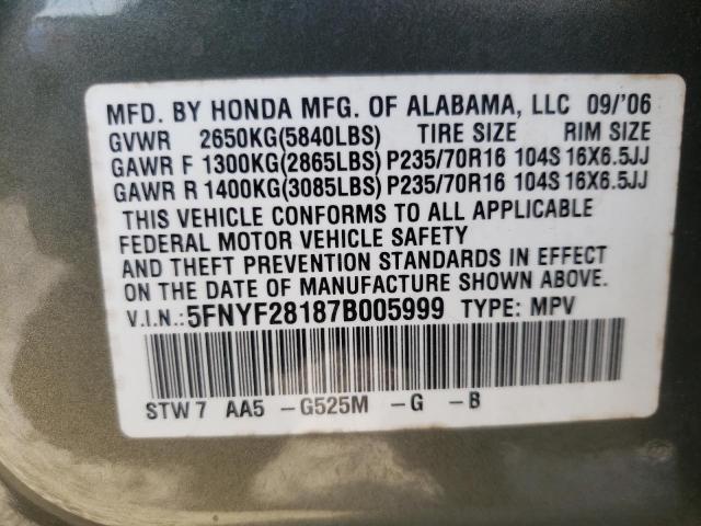 Photo 10 from auction – 2007 HONDA PILOT LX with VIN 5FNYF28187B005999
