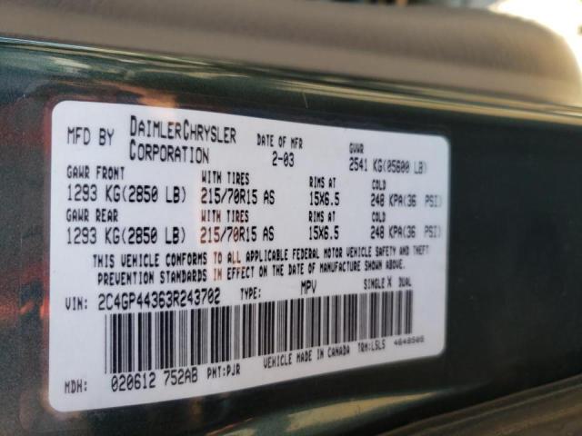 Photo 10 from auction – 2003 CHRYSLER TOWN & COU with VIN 2C4GP44363R243702