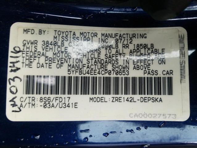 Photo 10 from auction – 2012 TOYOTA COROLLA BA with VIN 5YFBU4EE4CP070653