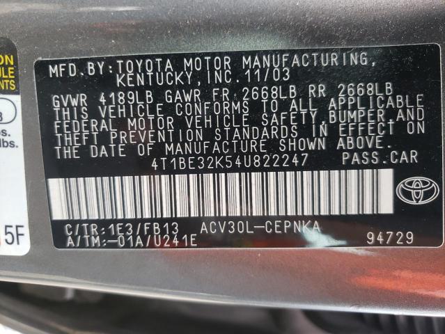 Photo 10 from auction – 2004 TOYOTA CAMRY LE with VIN 4T1BE32K54U822247