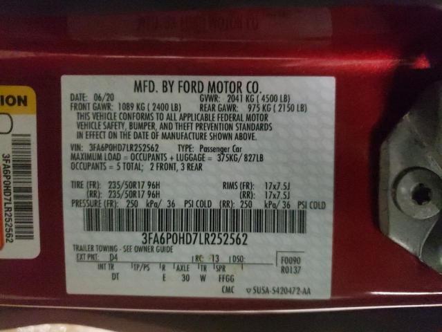Photo 10 from auction – 2020 FORD FUSION SE with VIN 3FA6P0HD7LR252562