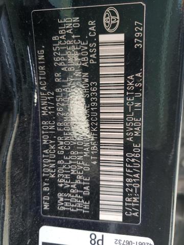 Photo 10 from auction – 2012 TOYOTA CAMRY BASE with VIN 4T1BF1FK2CU193363