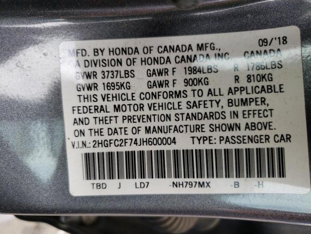 Photo 10 from auction – 2018 HONDA CIVIC EX with VIN 2HGFC2F74JH600004