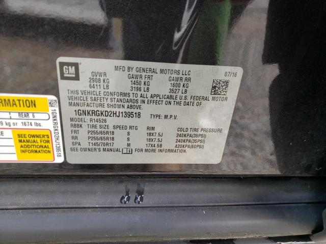 Photo 10 from auction – 2017 CHEVROLET TRAVERSE L with VIN 1GNKRGKD2HJ139518