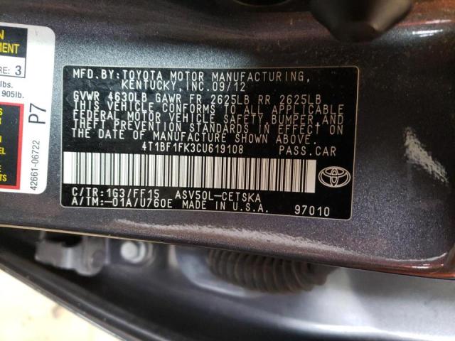 Photo 10 from auction – 2012 TOYOTA CAMRY BASE with VIN 4T1BF1FK3CU619108