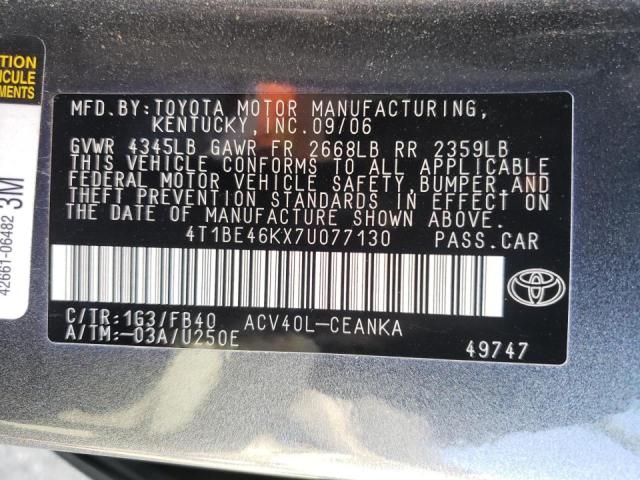 Photo 10 from auction – 2007 TOYOTA CAMRY CE with VIN 4T1BE46KX7U077130