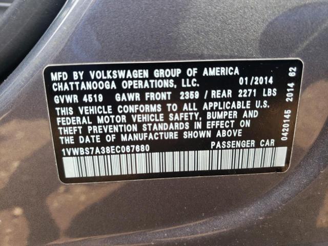Photo 10 from auction – 2014 VOLKSWAGEN PASSAT SE with VIN 1VWBS7A38EC067680