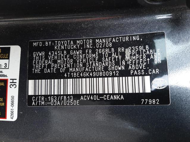 Photo 10 from auction – 2009 TOYOTA CAMRY BASE with VIN 4T1BE46K49U800912