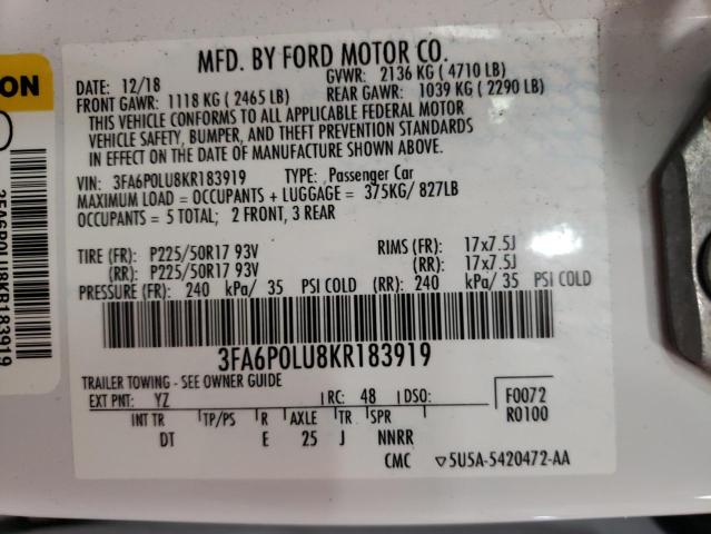 Photo 10 from auction – 2019 FORD FUSION SE with VIN 3FA6P0LU8KR183919