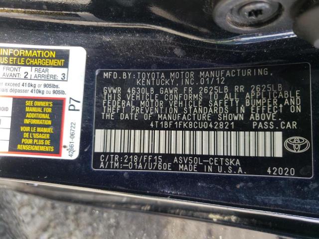 Photo 10 from auction – 2012 TOYOTA CAMRY BASE with VIN 4T1BF1FK8CU042821