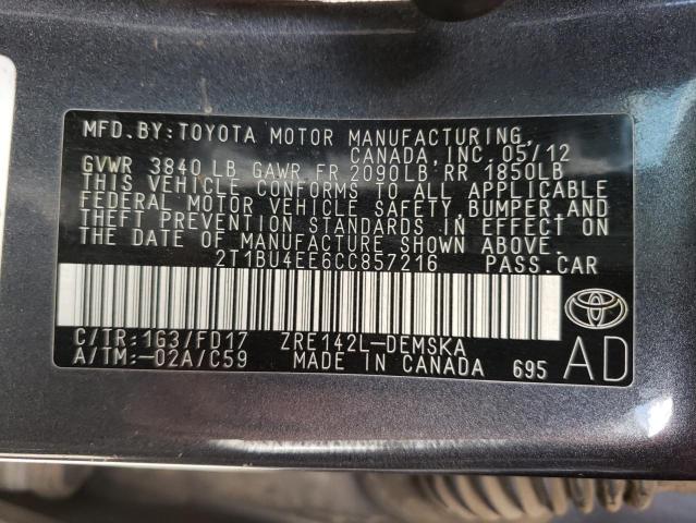 Photo 10 from auction – 2012 TOYOTA COROLLA BA with VIN 2T1BU4EE6CC857216