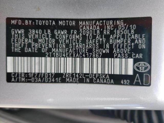 Photo 10 from auction – 2010 TOYOTA COROLLA BA with VIN 2T1BU4EEXAC417867