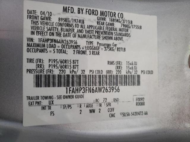 Photo 10 from auction – 2010 FORD FOCUS SE with VIN 1FAHP3FN6AW263956