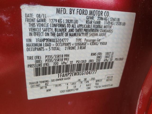 Photo 10 from auction – 2012 FORD TAURUS SEL with VIN 1FAHP2EWXCG104777