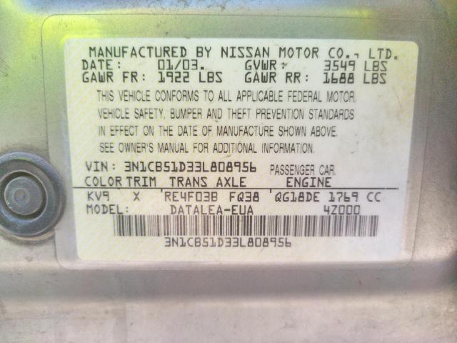 Photo 10 from auction – 2003 NISSAN SENTRA XE with VIN 3N1CB51D33L808956