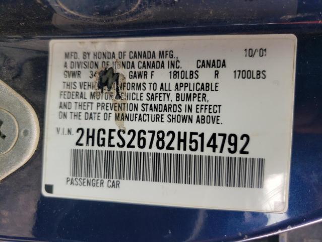 Photo 10 from auction – 2002 HONDA CIVIC EX with VIN 2HGES26782H514792