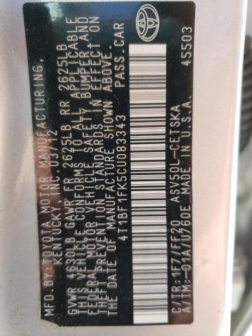 Photo 10 from auction – 2012 TOYOTA CAMRY BASE with VIN 4T1BF1FK5CU083343