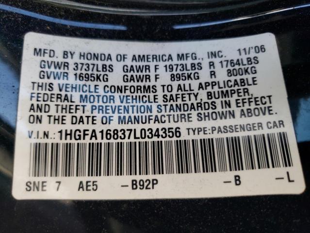 Photo 10 from auction – 2007 HONDA CIVIC EX with VIN 1HGFA16837L034356