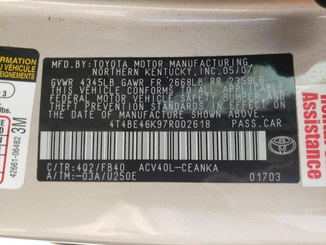Photo 10 from auction – 2007 TOYOTA CAMRY CE with VIN 4T4BE46K97R002618