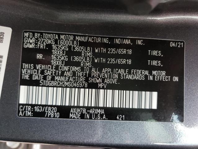 Photo 10 from auction – 2021 TOYOTA HIGHLANDER with VIN 5TDGBRCH2MS046978