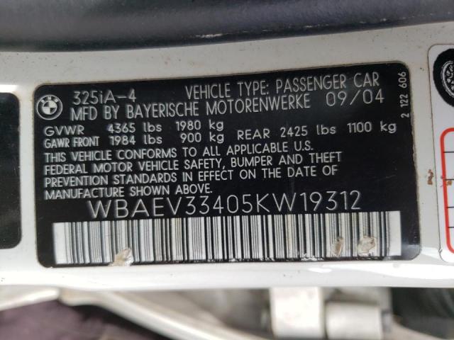 Photo 10 from auction – 2005 BMW 325 I with VIN WBAEV33405KW19312