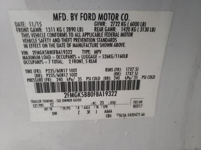 Photo 10 from auction – 2015 FORD FLEX SE with VIN 2FMGK5B80FBA19322