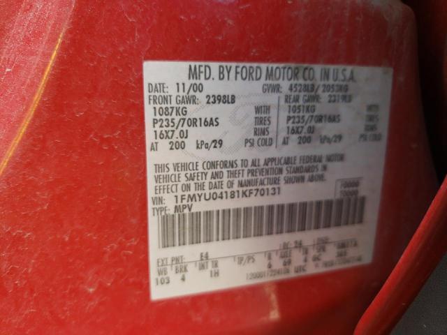 Photo 10 from auction – 2001 FORD ESCAPE XLT with VIN 1FMYU04181KF70131