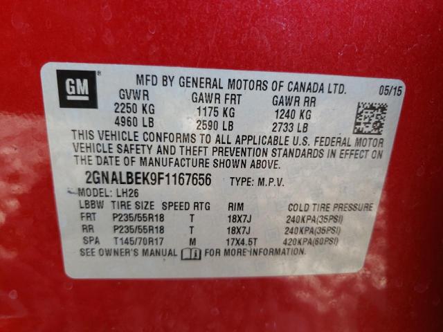 Photo 10 from auction – 2015 CHEVROLET EQUINOX LT with VIN 2GNALBEK9F1167656