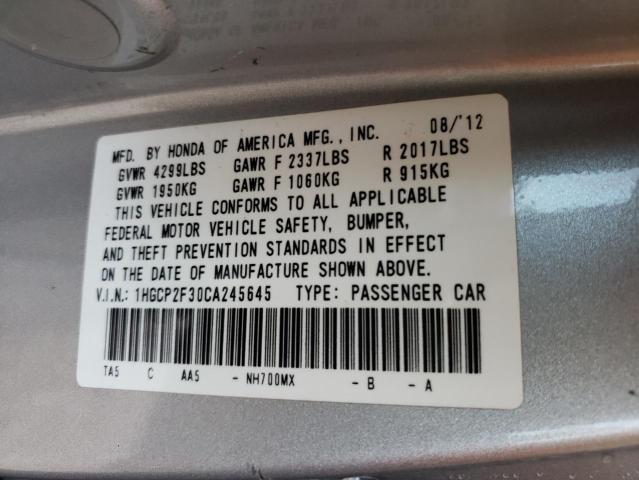 Photo 10 from auction – 2012 HONDA ACCORD LX with VIN 1HGCP2F30CA245645