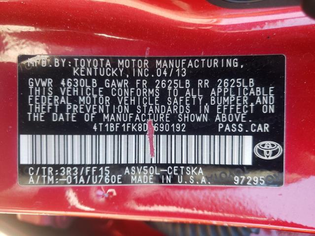 Photo 10 from auction – 2013 TOYOTA CAMRY L with VIN 4T1BF1FK8DU690192
