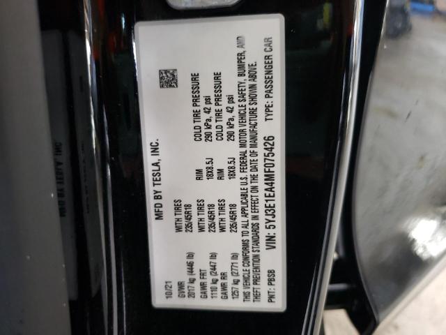 Photo 10 from auction – 2021 TESLA MODEL 3 with VIN 5YJ3E1EA4MF075426