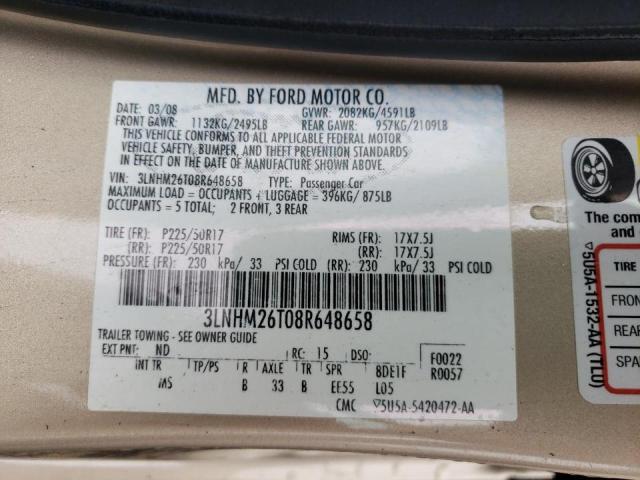 Photo 10 from auction – 2008 LINCOLN MKZ with VIN 3LNHM26T08R648658