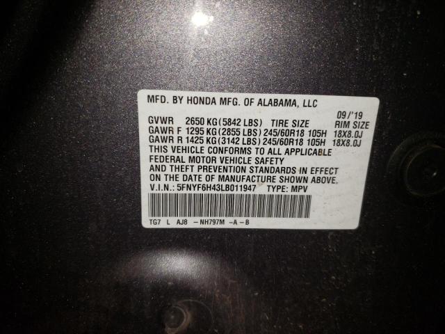 Photo 10 from auction – 2020 HONDA PILOT EXL with VIN 5FNYF6H43LB011947