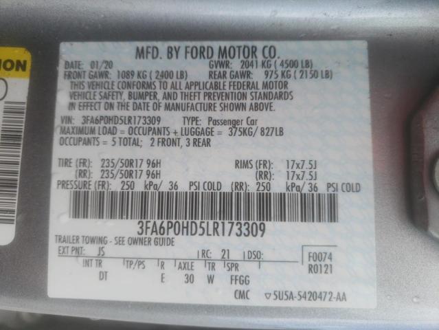 Photo 10 from auction – 2020 FORD FUSION SE with VIN 3FA6P0HD5LR173309