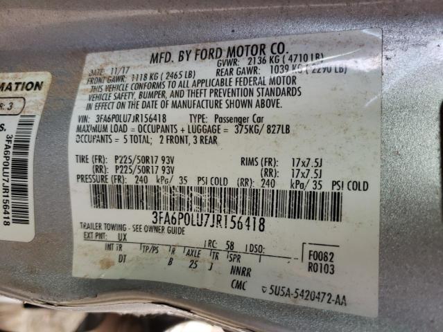 Photo 10 from auction – 2018 FORD FUSION SE with VIN 3FA6P0LU7JR156418
