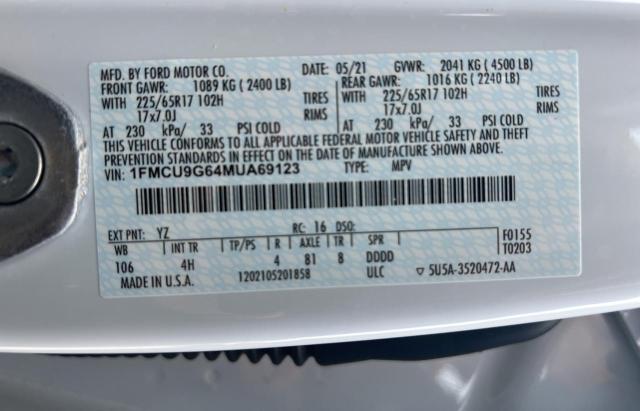 Photo 10 from auction – 2021 FORD ESCAPE SE with VIN 1FMCU9G64MUA69123