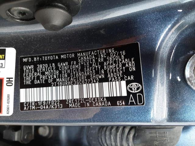 Photo 10 from auction – 2016 TOYOTA COROLLA L with VIN 2T1BURHE3GC627342
