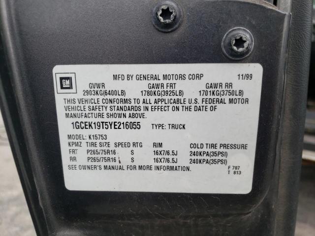 Photo 10 from auction – 2000 CHEVROLET SILVERADO with VIN 1GCEK19T5YE216055
