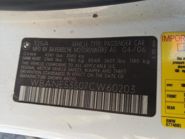 Photo 10 from auction – 2007 BMW 525 I with VIN WBANE53507CW60203