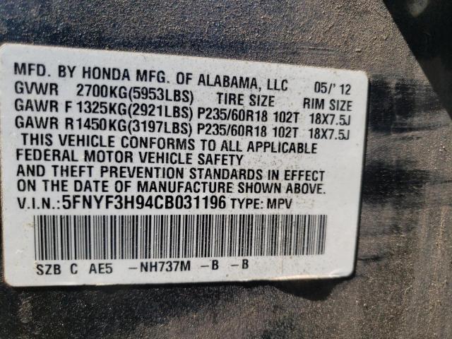 Photo 10 from auction – 2012 HONDA PILOT TOUR with VIN 5FNYF3H94CB031196