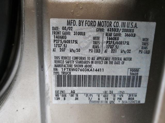 Photo 10 from auction – 2003 FORD F150 SUPER with VIN 1FTRW07603KA14411