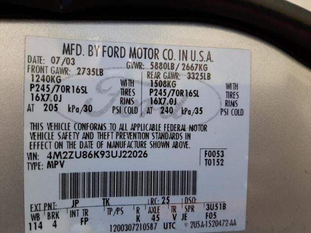 Photo 10 from auction – 2003 MERCURY MOUNTAINEE with VIN 4M2ZU86K93UJ22026