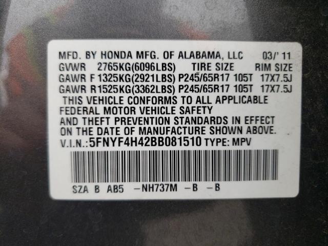 Photo 10 from auction – 2011 HONDA PILOT EX with VIN 5FNYF4H42BB081510