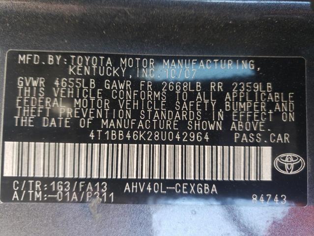 Photo 10 from auction – 2008 TOYOTA CAMRY HYBR with VIN 4T1BB46K28U042964