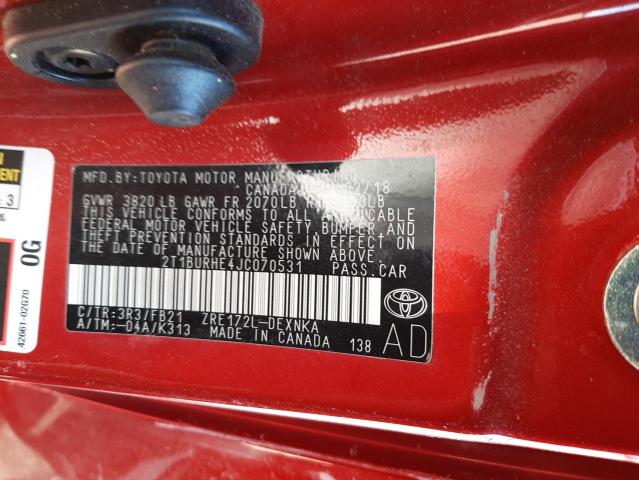 Photo 10 from auction – 2018 TOYOTA COROLLA L with VIN 2T1BURHE4JC070531