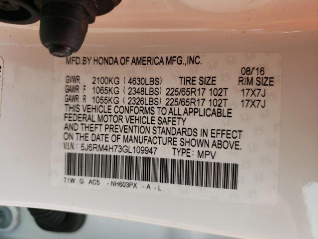 Photo 10 from auction – 2016 HONDA CR-V EXL with VIN 5J6RM4H73GL109947