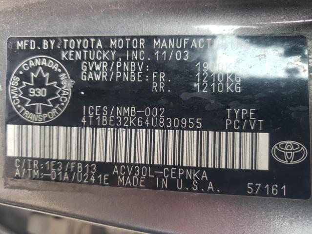 Photo 10 from auction – 2004 TOYOTA CAMRY LE with VIN 4T1BE32K64U830955