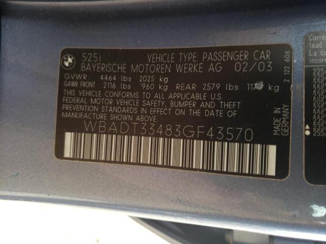 Photo 10 from auction – 2003 BMW 525 I with VIN WBADT33483GF43570